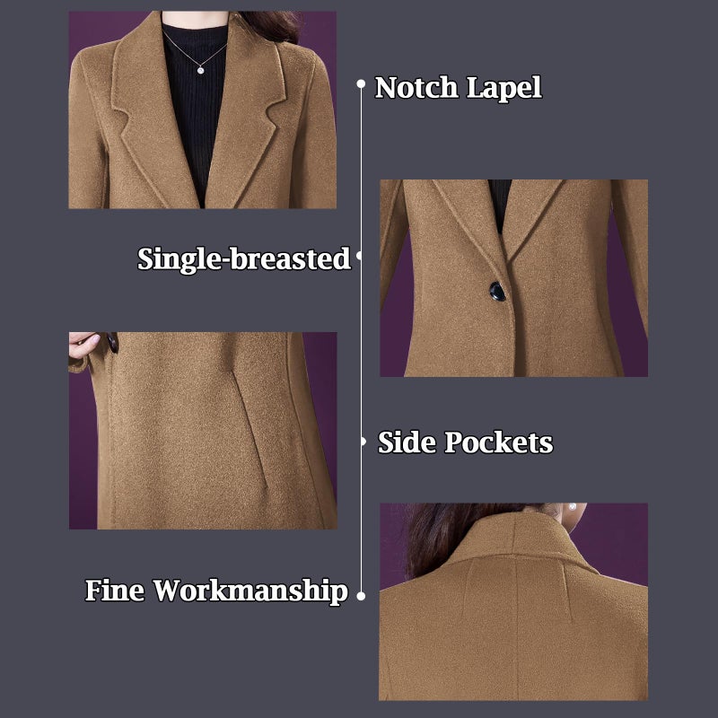 Aprsfn Women's Winter Wool Coats Long Sleeve One Buttoned Pea Coats Notched Lapel Jackets Mid-Length Windproof Overcoat-Camel-L - Image 3